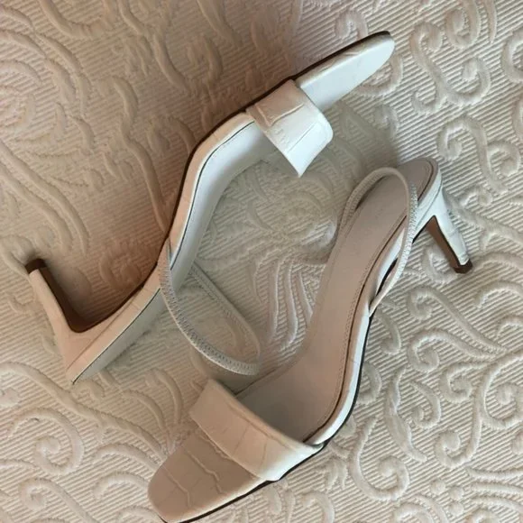 ZARA White 100% Leather Croco Kitten Heel Sandals 40 9 Worn Once - Picture 2 of 6